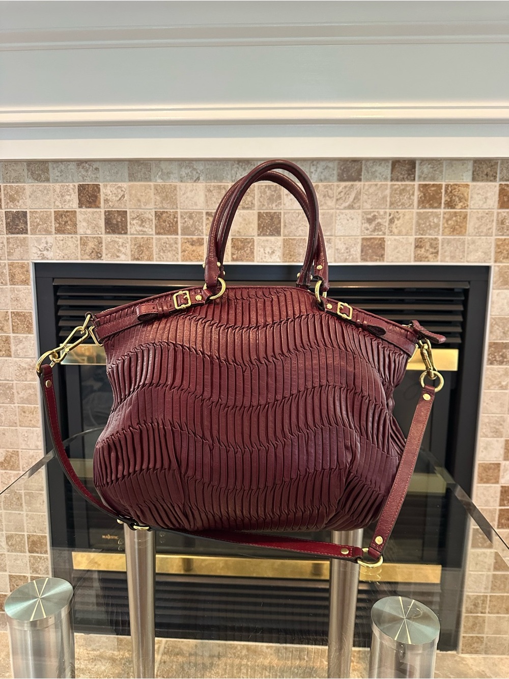 Coach Deep Wine Textured Leather Tote with Gold Hardware - Picture 2 of 4